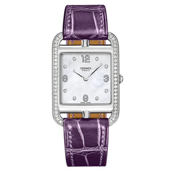 HERMÈS Cape Cod Petit Modèle quartz diamond index bezel set white mother-of-pearl dial purple leather strap 29 mm