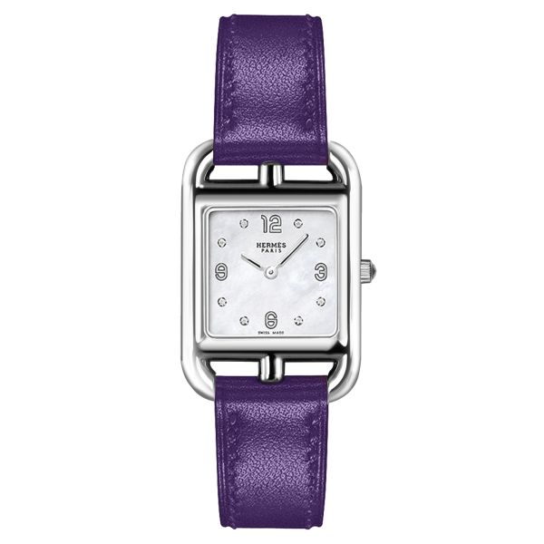 HERMÈS Cape Cod quartz watch diamond index white mother-of-pearl dial purple leather strap 23 mm