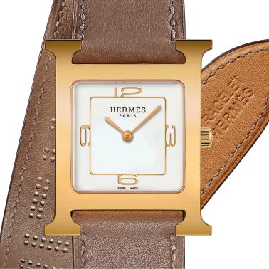 Montre HERMÈS Heure H PVD jaune quartz cadran blanc bracelet cuir double tour marron 26 mm W049201WW00