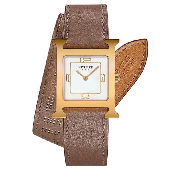 HERMÈS Heure H PVD jaune quartz white dial brown double-turn leather strap 26 mm