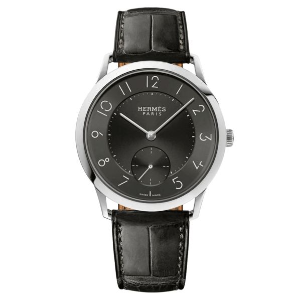 HERMÈS Slim d'Hermès Grand Modèle automatic watch black dial black leather strap 39,5 mm