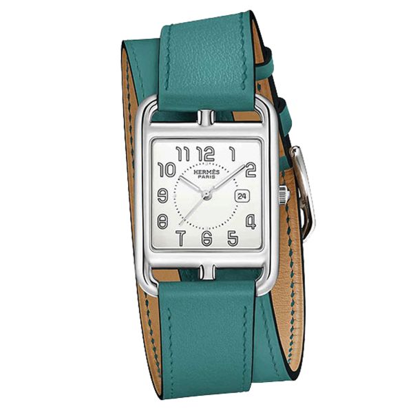 HERMÈS Cape Cod Grand Modèle quartz white dial blue leather strap 29 x 29 mm