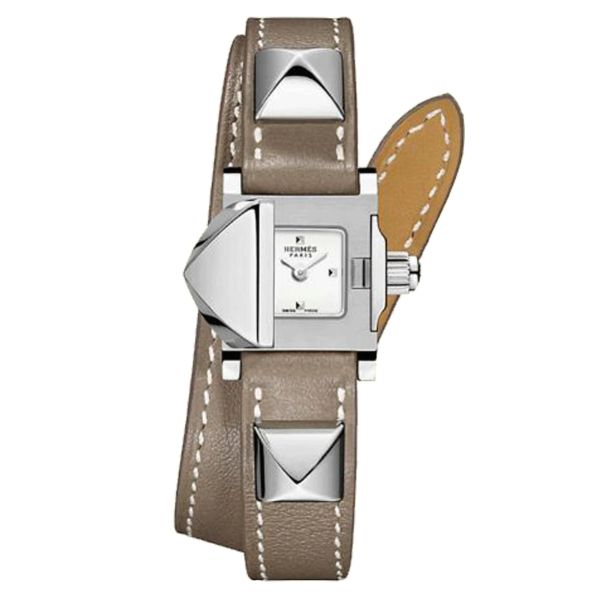 HERMÈS Médor quartz watch white dial brown leather strap 22 x 32 mm