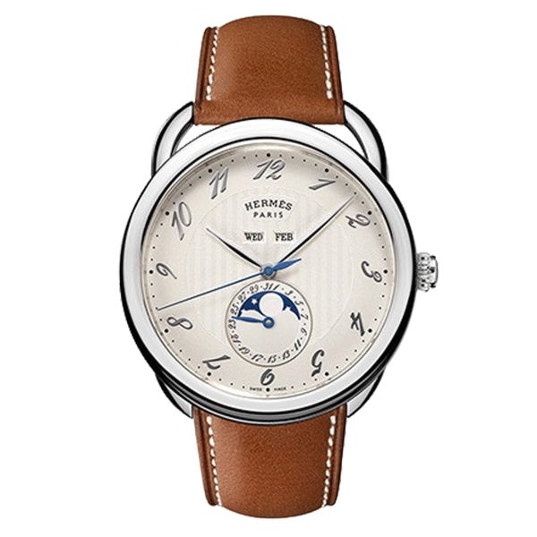 HERMÈS Arceau Grand Lune automatic watch silver dial brown leather strap 43 mm