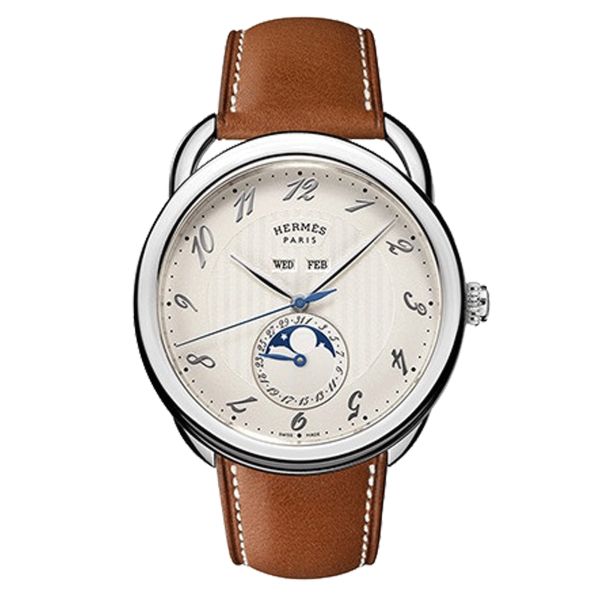 Montre HERMÈS Arceau Grand Lune automatique cadran argenté bracelet cuir marron 43 mm W036757WW00