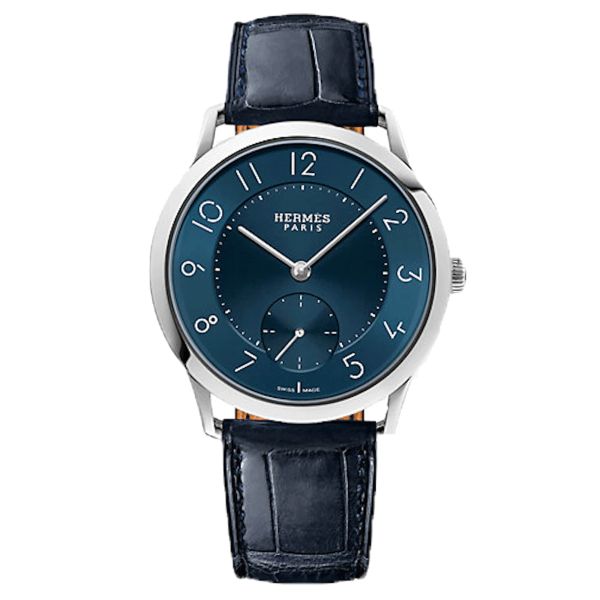 HERMÈS Slim d'Hermès Grand Modèle automatic watch blue dial blue leather strap 40 mm