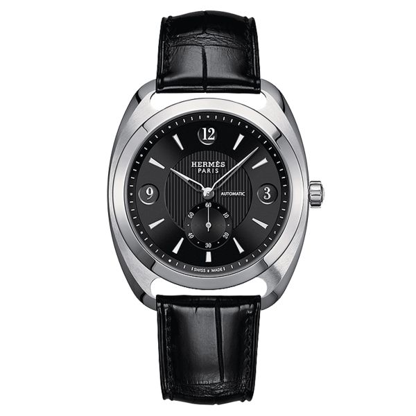 HERMÈS Dressage Petite Seconde Grand Modèle automatic watch black dial black leather strap 40.5 mm