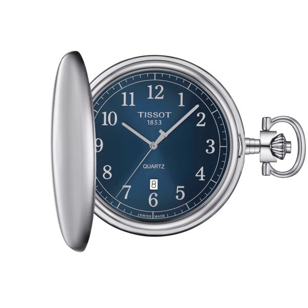 Tissot Savonnette quartz watch blue dial steel chain 48.5 mm