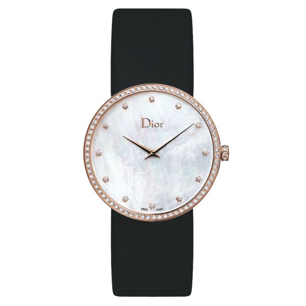 D de Dior quartz watch mother-of-pearl dial rose gold bezel set black satin bracelet 38 mm
