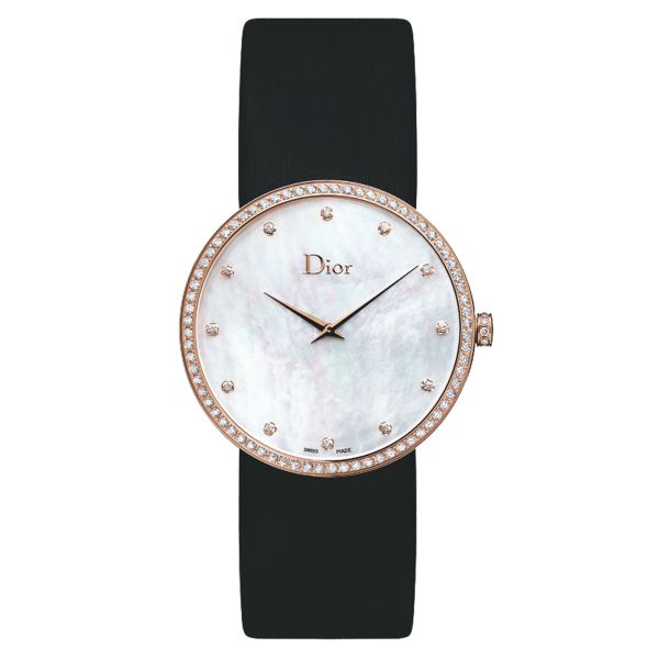 Montre D de Dior cadran nacre or rose lunette sertie bracelet satin noir 38 mm