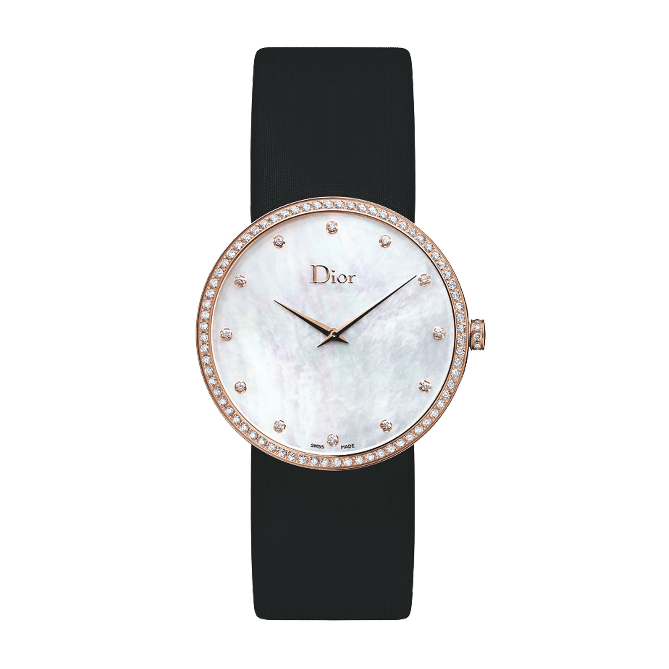 Montre D de Dior quartz or rose diamant bracelet satin noir 38 mm