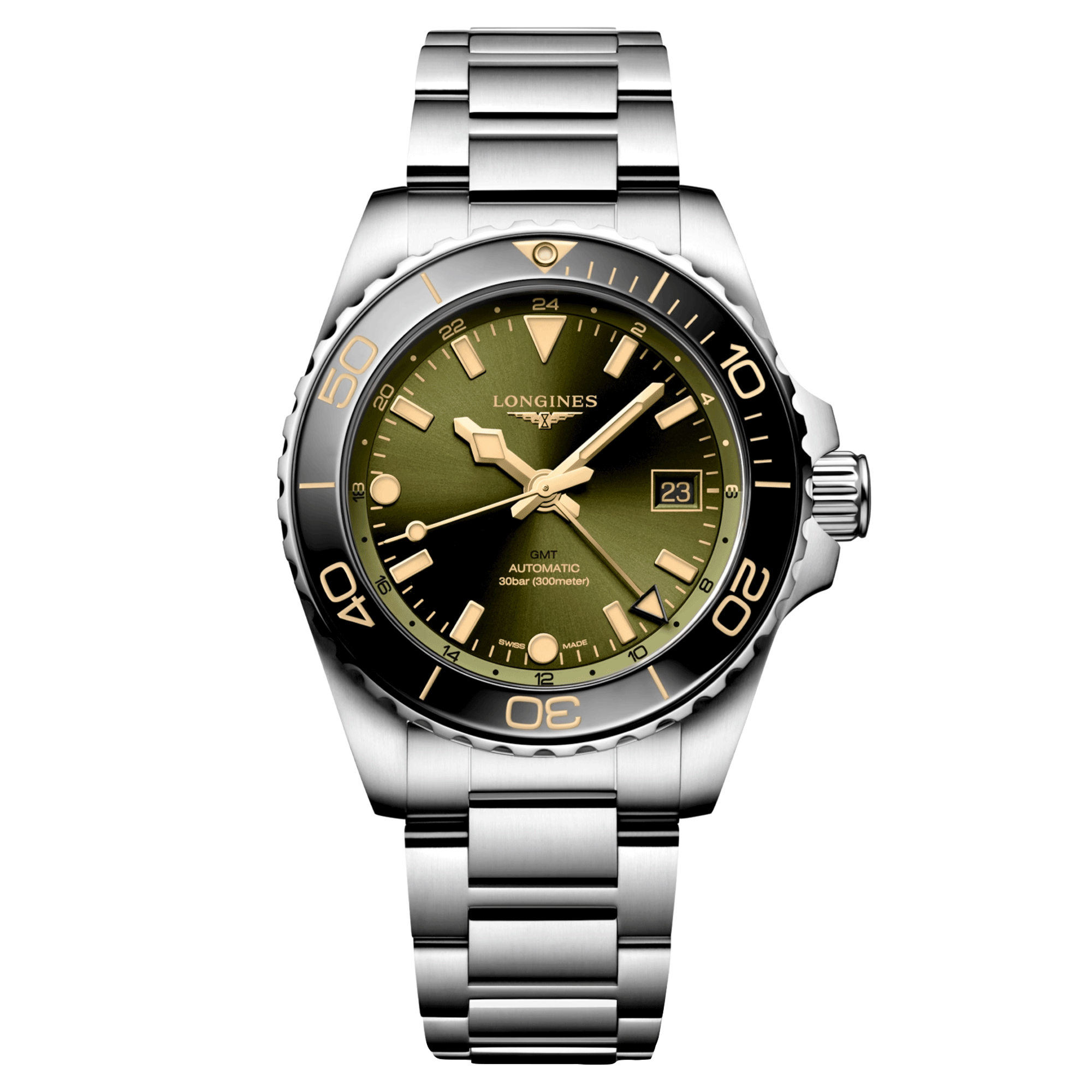 Longines Hydroconquest GMT automatic watch green dial steel bracelet 41 mm