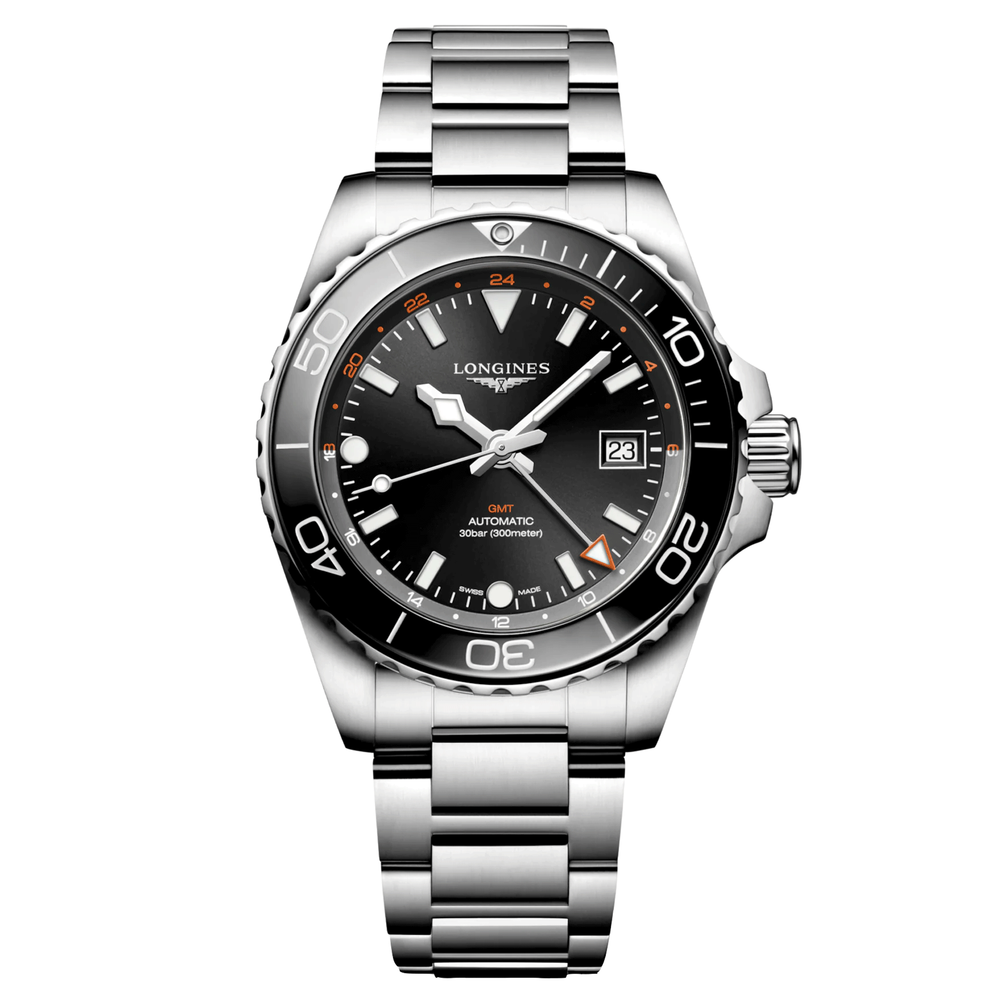 Longines Hydroconquest GMT automatic watch black dial steel bracelet 41 mm