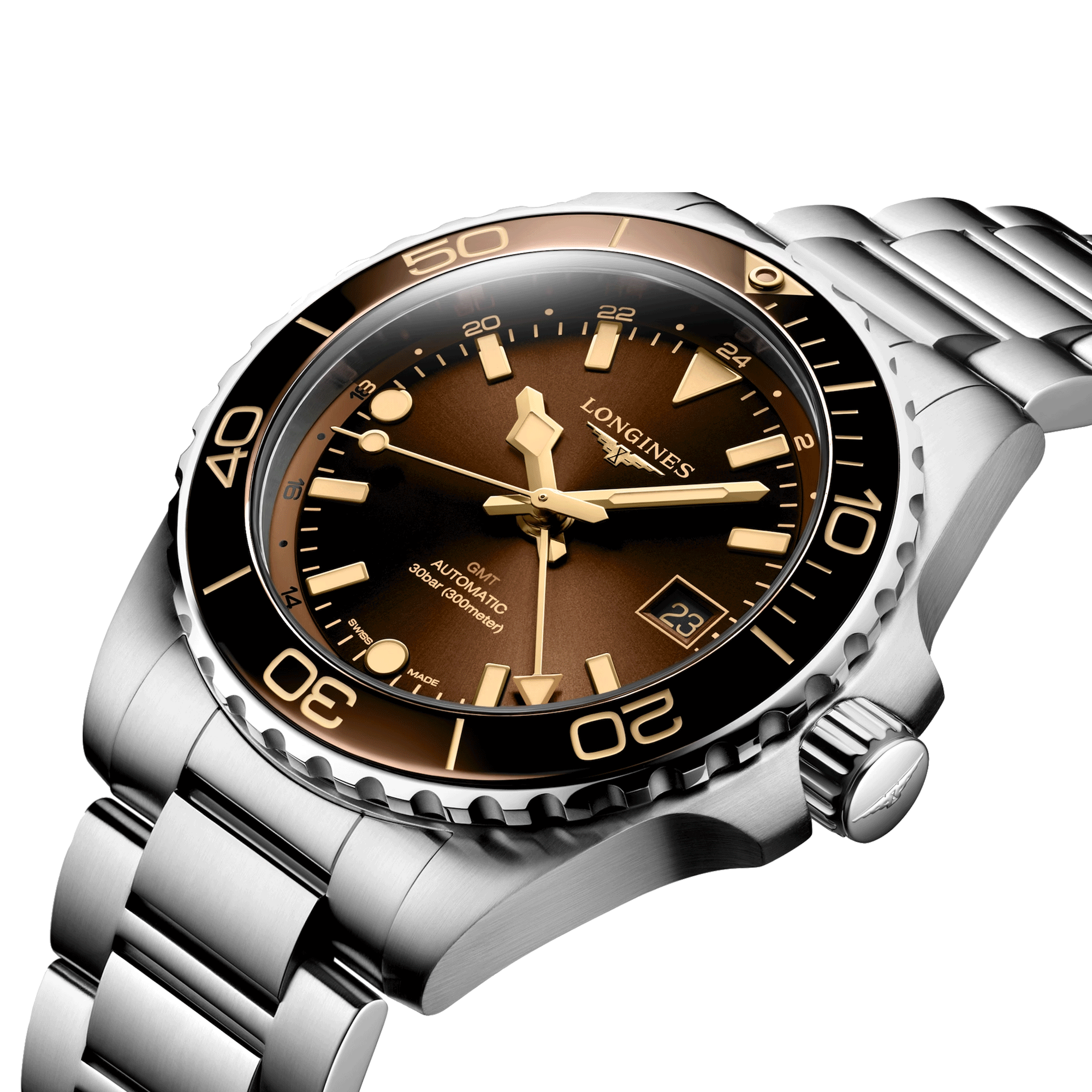 Longines Hydroconquest GMT automatic watch brown dial steel bracelet 41 mm