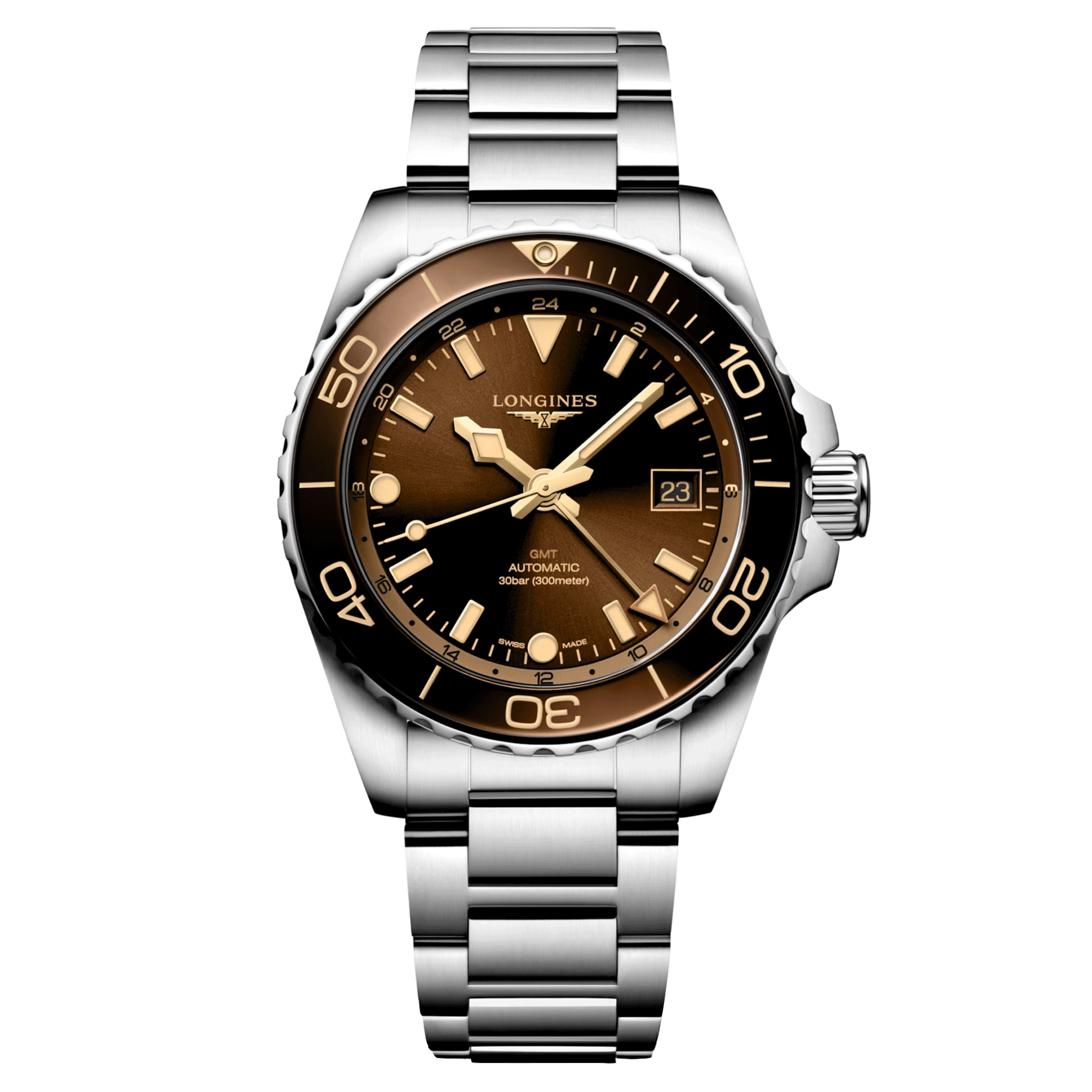 Longines Hydroconquest GMT automatic watch brown dial steel bracelet 41 mm