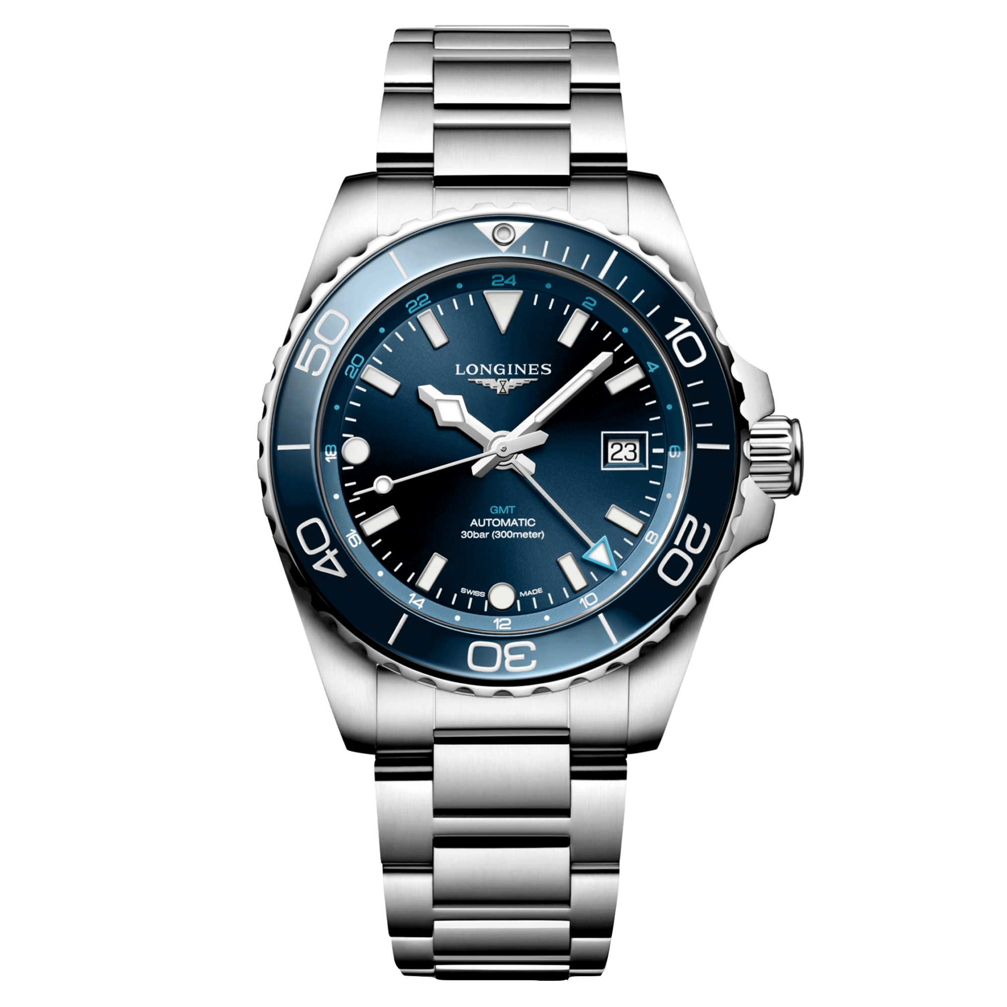 Longines Hydroconquest GMT automatic watch blue dial steel bracelet 41 mm