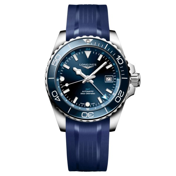 Montre Longines Hydroconquest GMT automatique cadran bleu bracelet caoutchouc bleu 41 mm L3.790.4.96.9
