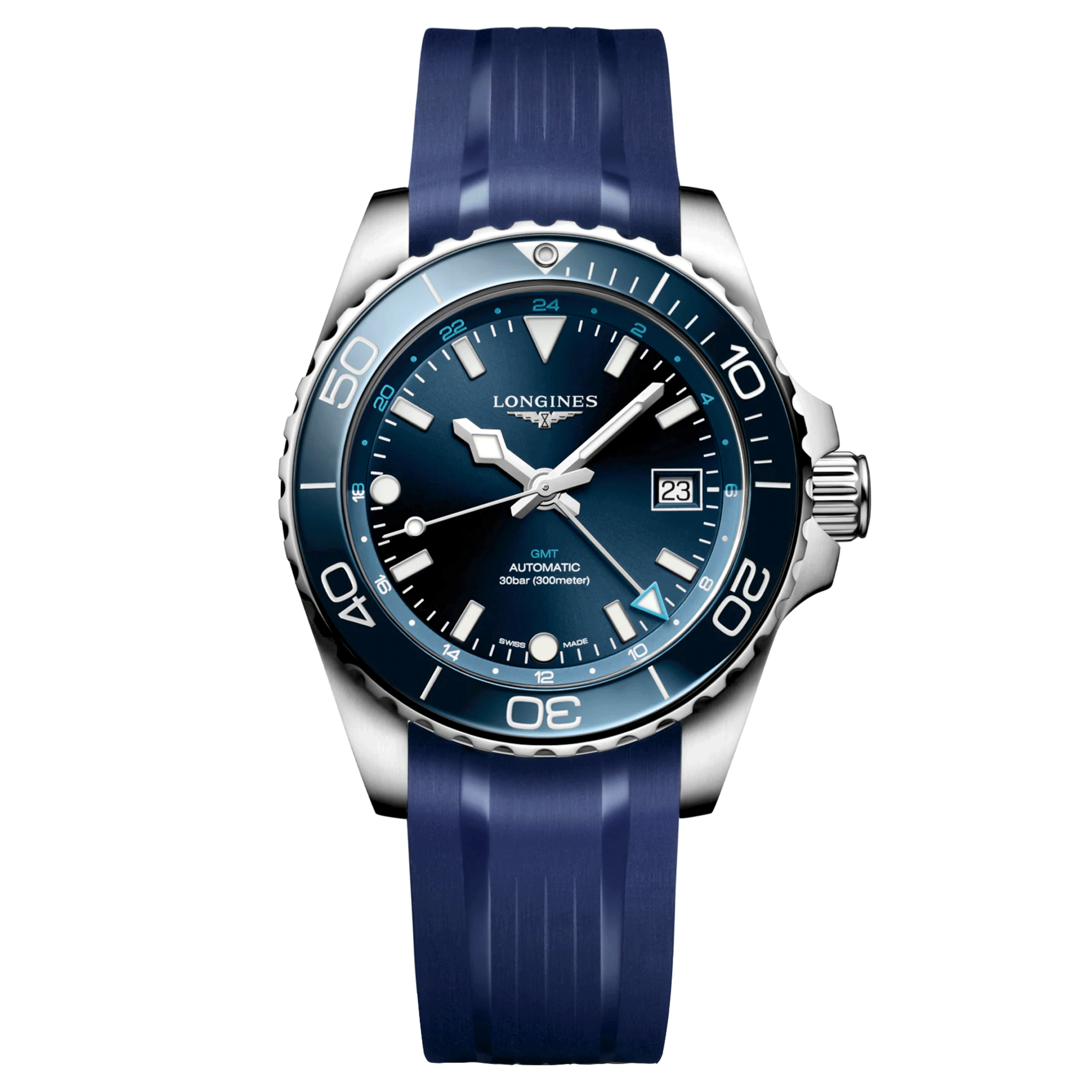 Longines Hydroconquest GMT automatic watch blue dial blue rubber strap 41 mm