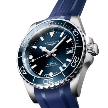 Longines Hydroconquest GMT automatic watch blue dial blue rubber strap 41 mm