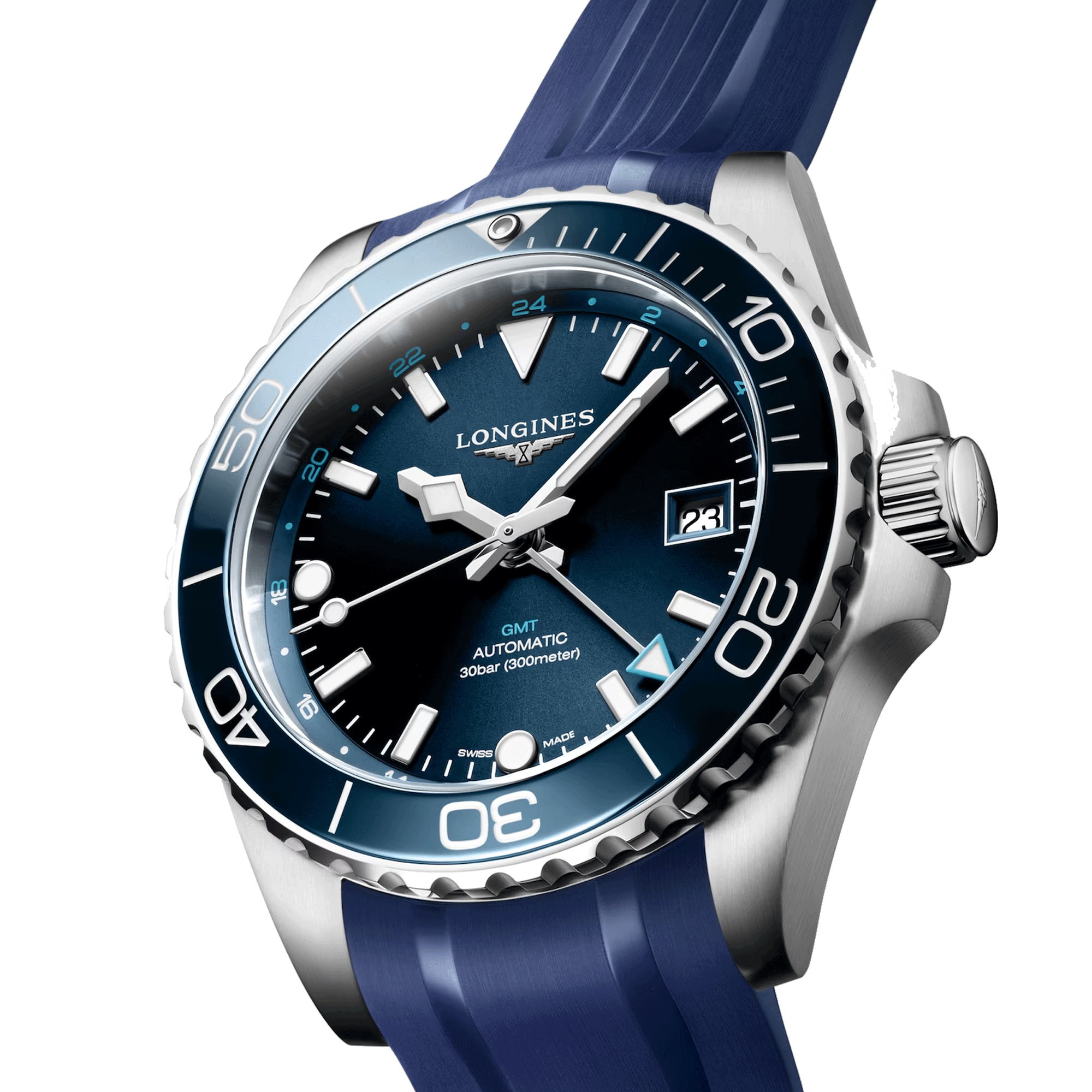 Longines Hydroconquest GMT automatic watch blue dial blue rubber strap 41 mm