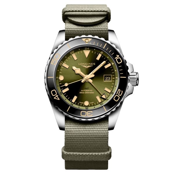 Montre Longines Hydroconquest GMT automatique cadran vert bracelet tissu vert 41 mm L3.790.4.06.2
