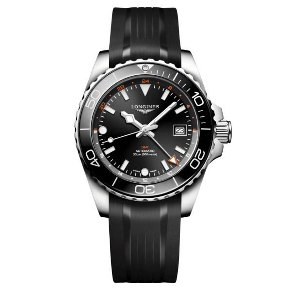 Montre Longines Hydroconquest GMT automatique cadran noir bracelet caoutchouc noir 41 mm L3.790.4.56.9