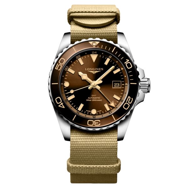 Montre Longines Hydroconquest GMT automatique cadran brun bracelet tissu beige 41 mm L3.790.4.66.2
