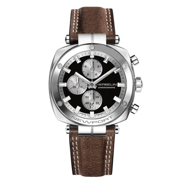 Herbelin Newport Heritage Chrono quartz black dial leather strap 42 mm