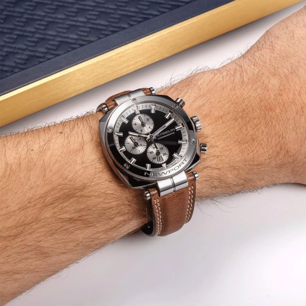 Herbelin Newport Heritage Chrono quartz black dial leather strap 42 mm