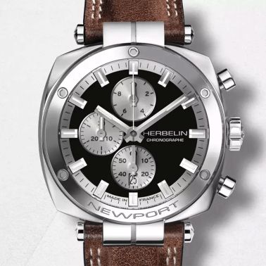 Herbelin Newport Heritage Chrono quartz black dial leather strap 42 mm