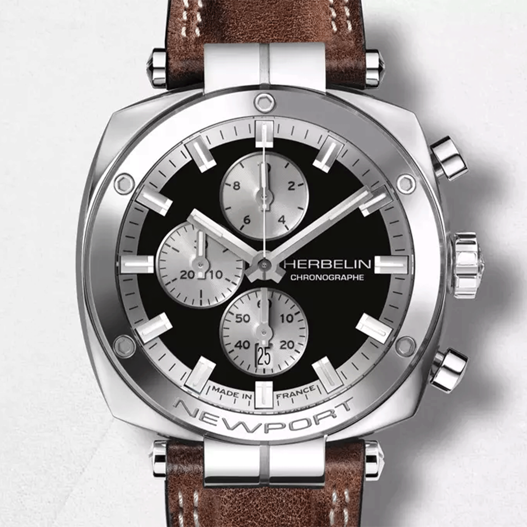 Herbelin Newport Heritage Chrono quartz black dial leather strap 42 mm