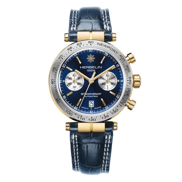 Herbelin Newport Chronograph 35th Anniversary automatic blue dial leather strap 42 mm