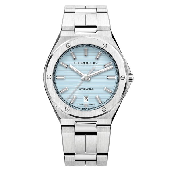 Montre Herbelin Cap Camarat automatique cadran bleu glacier bracelet acier 40,5 mm