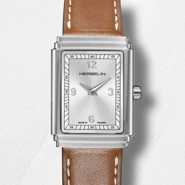 Montre Herbelin Art Déco quartz cadran argenté bracelet cuir 29,5 x 22 mm