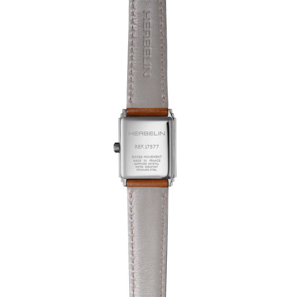 Montre Herbelin Art Déco quartz cadran argenté bracelet cuir 29,5 x 22 mm