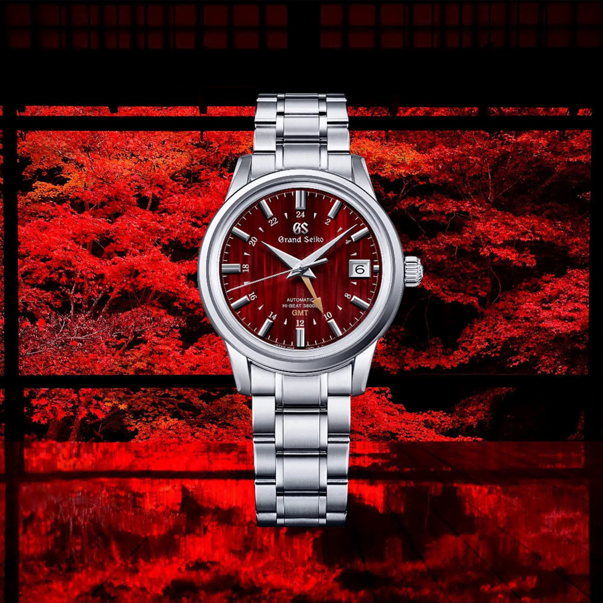 Grand Seiko Elegance Hi-Beat 36000 GMT "Yuka Momiji" red dial steel bracelet 39,5 mm