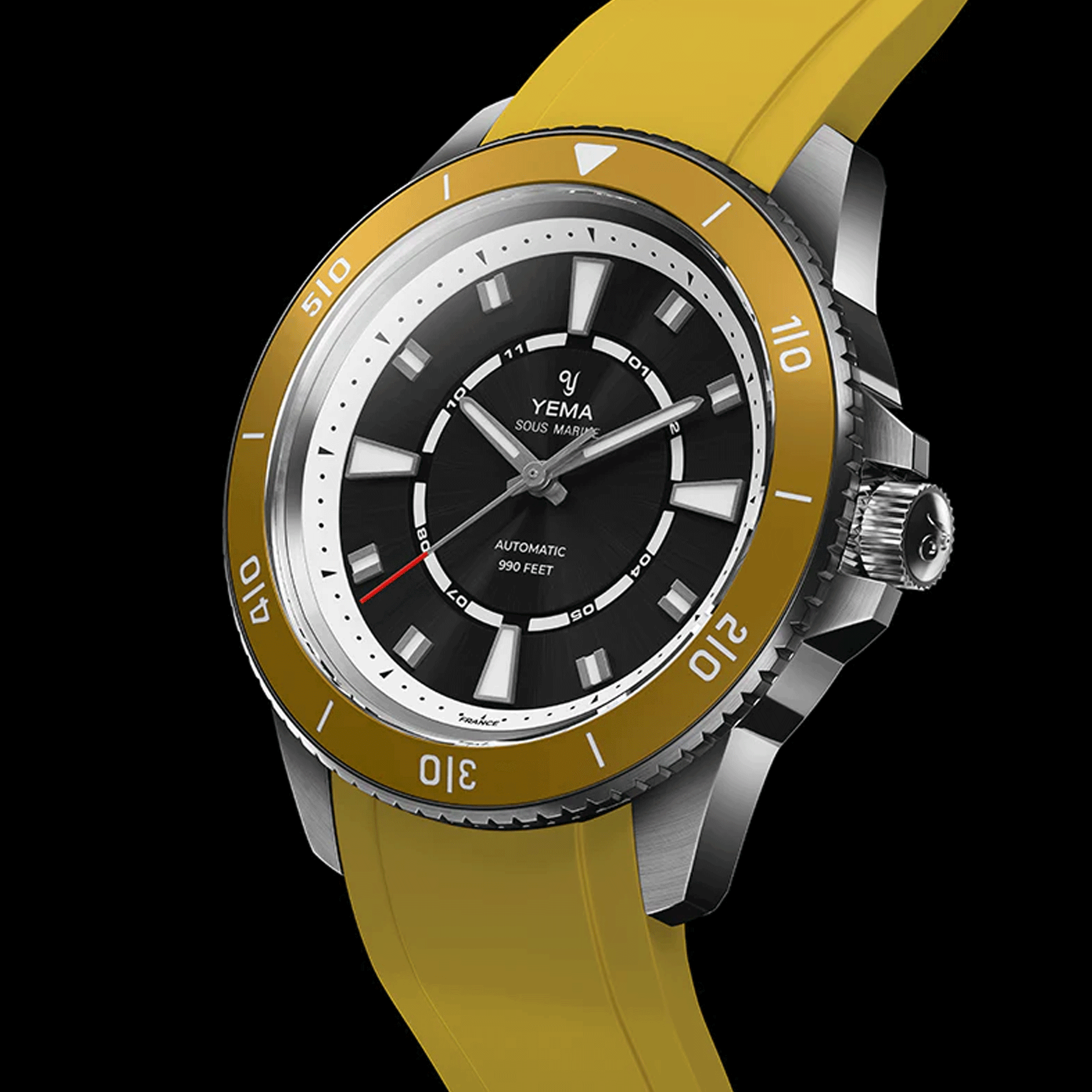 Montre Yema Sous-Marine automatique cadran noir bracelet caoutchouc jaune 40,5 mm YSMA23Y-AYRBS