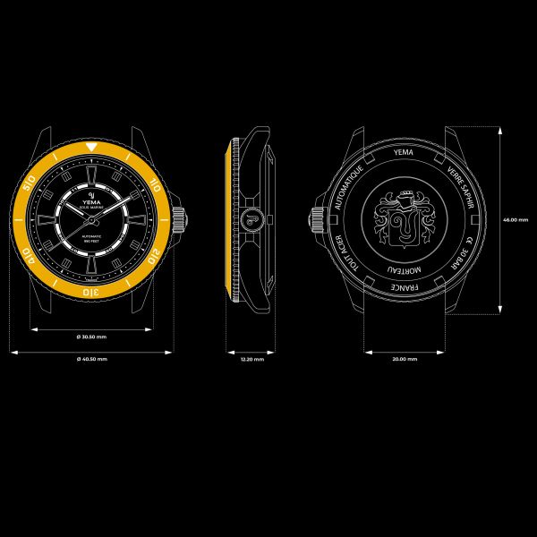 Montre Yema Sous-Marine automatique cadran noir bracelet caoutchouc jaune 40,5 mm YSMA23Y-AYRBS
