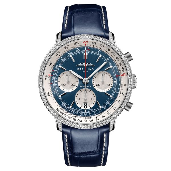 Montre Breitling Navitimer B01 Chronograph automatique lunette sertie cadran bleu bracelet cuir bleu 41 mm AB0139631C1P1