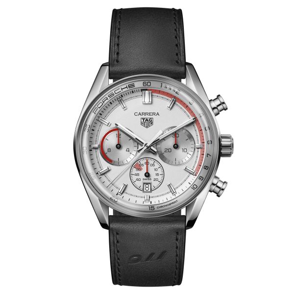TAG Heuer Carrera Chronosprint x Porsche automatic watch silver dial black leather strap 42 mm CBS2011.FC6529