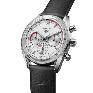 TAG Heuer Carrera Chronosprint x Porsche automatic watch silver dial black leather strap 42 mm CBS2011.FC6529
