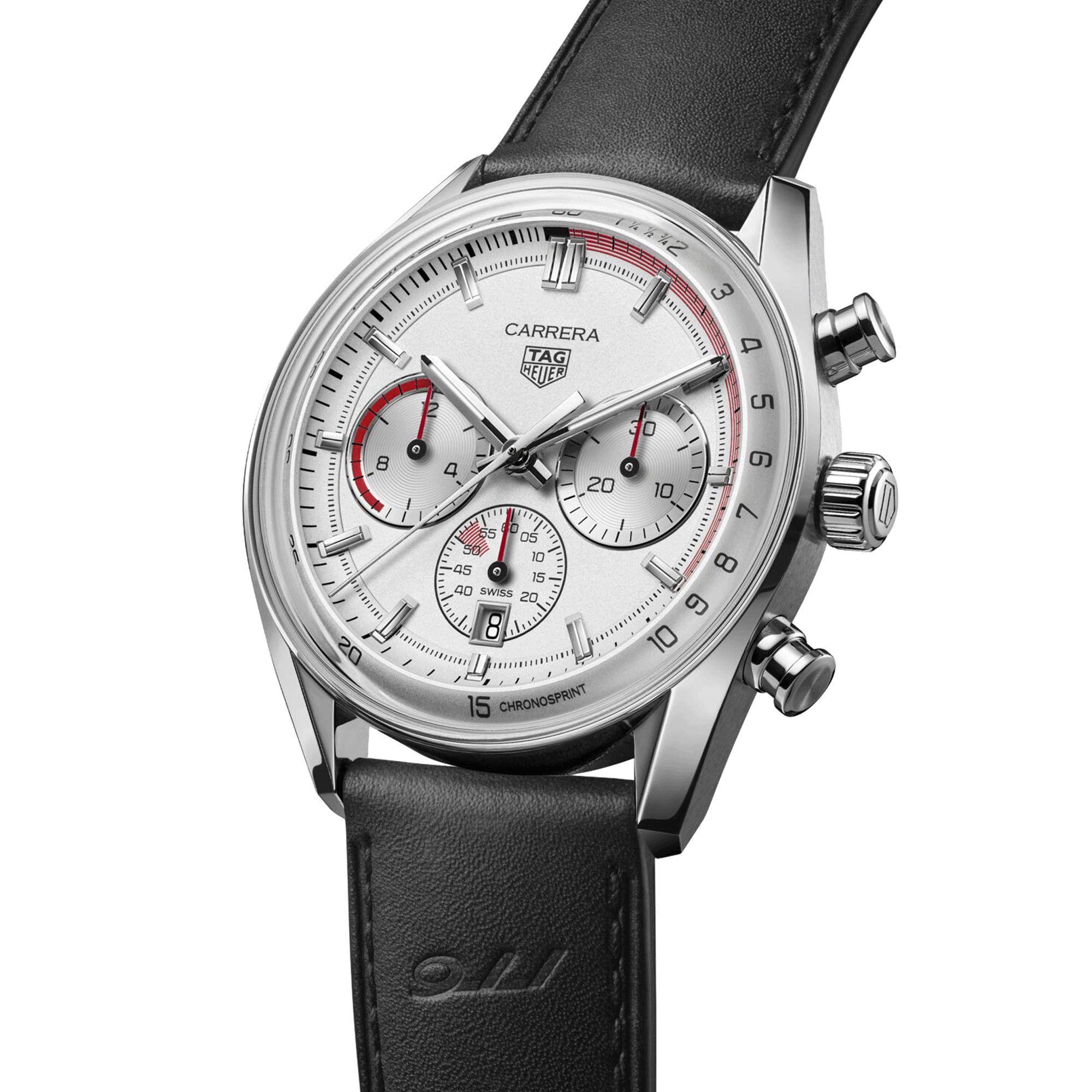TAG Heuer Carrera Chronosprint x Porsche automatic watch silver dial black leather strap 42 mm CBS2011.FC6529