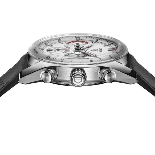 TAG Heuer Carrera Chronosprint x Porsche automatic watch silver dial black leather strap 42 mm CBS2011.FC6529