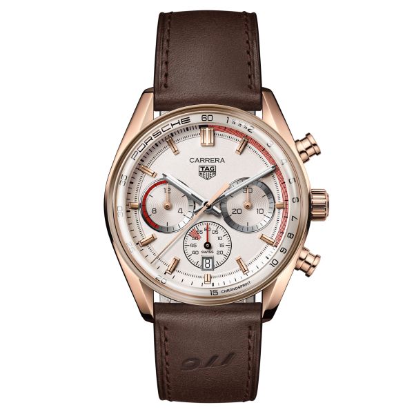 TAG Heuer Carrera Chronosprint x Porsche Rose Gold automatic watch beige dial brown leather strap 42 mm CBS2040.FC8318
