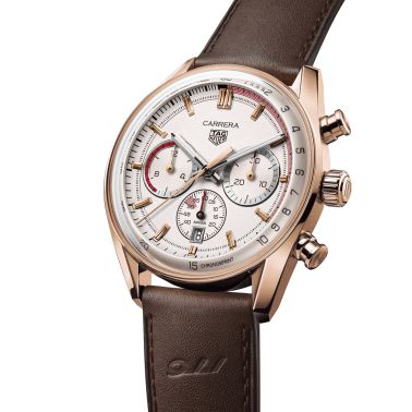 Montre TAG Heuer Carrera Chronosprint x Porsche Or Rose automatique cadran beige bracelet cuir brun 42 mm CBS2040.FC8318