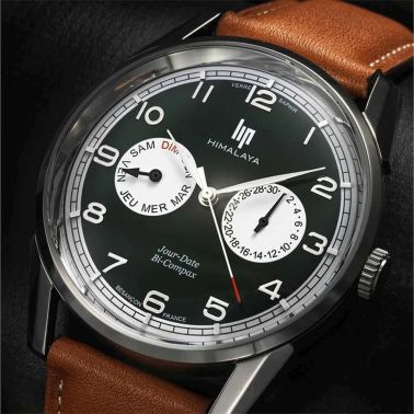 Lip Himalaya Day-Date Bi-Compax quartz green dial leather strap 40 mm