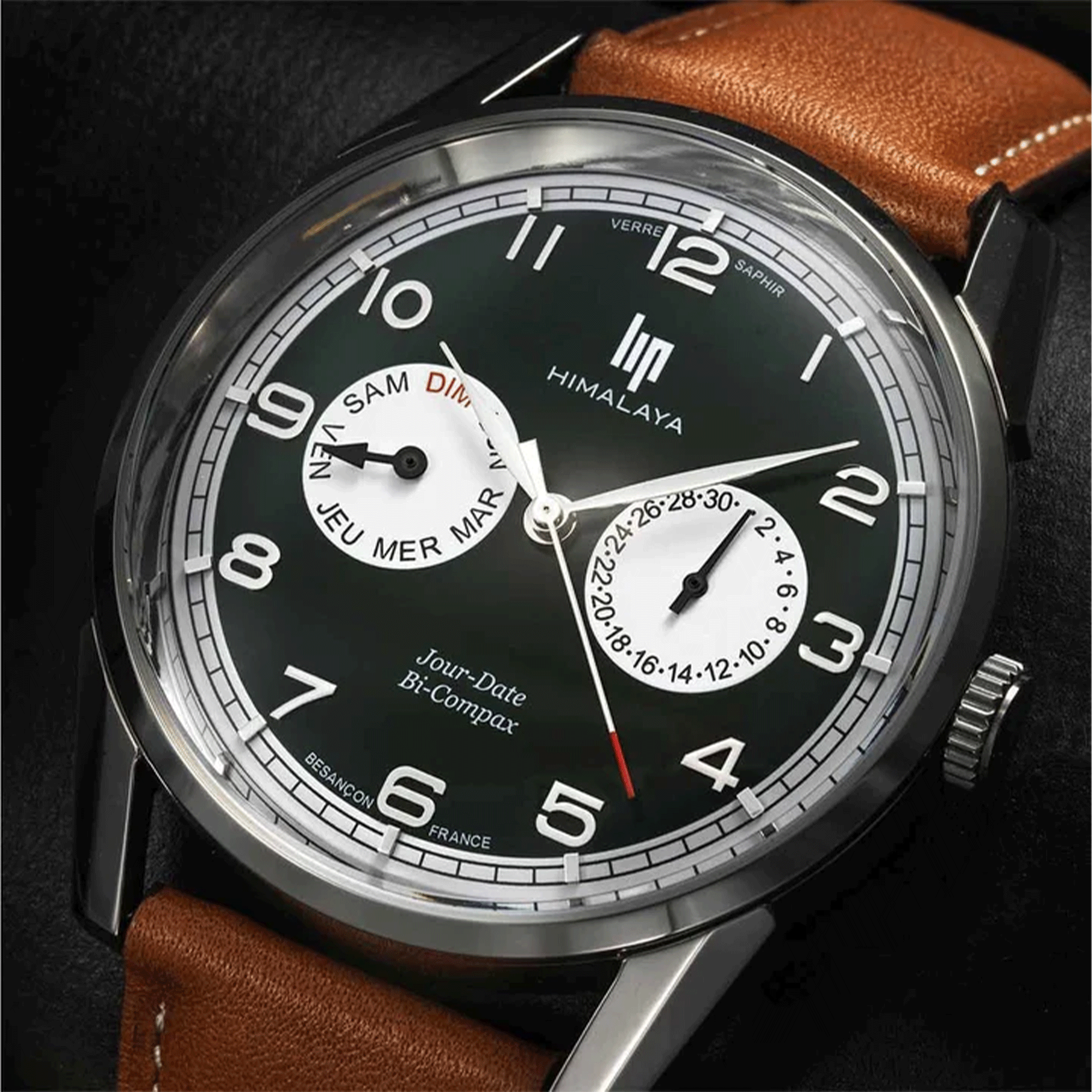 Montre Lip Himalaya Jour Date Bi-Compax Quartz cadran vert bracelet cuir 40 mm