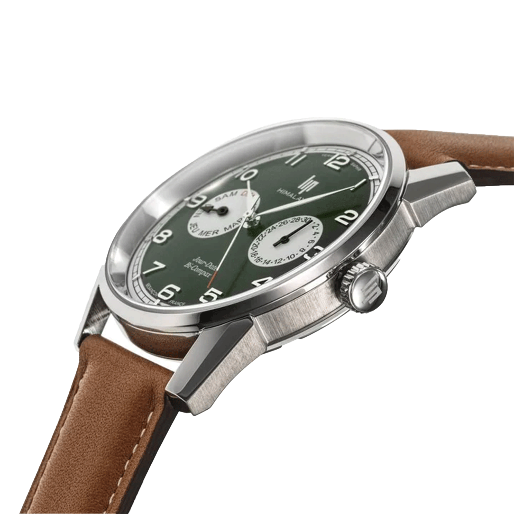 Montre Lip Himalaya Jour Date Bi-Compax Quartz cadran vert bracelet cuir 40 mm