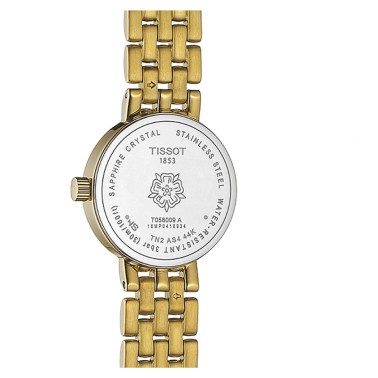 Montre Tissot T-Lady Lovely quartz cadran argent bracelet acier PVD or jaune 19,5 mm