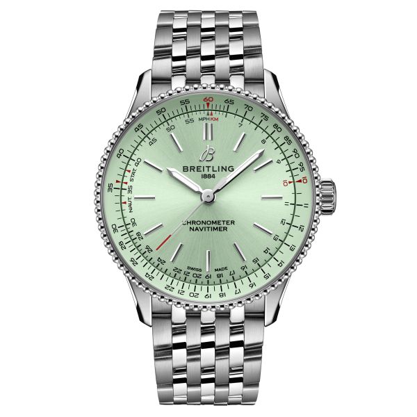 Breitling Navitimer automatic watch mint green dial steel bracelet 36 mm A17327361L1A1